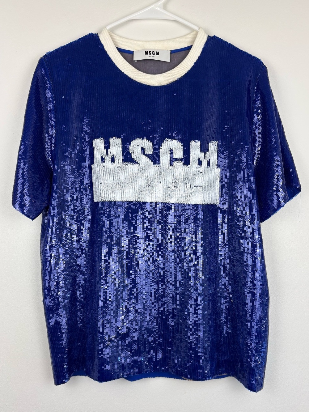 MSGM Blue Sequin Logo Short Sleeve Tee w/ White Trim EUC 40/Medium Maximalism